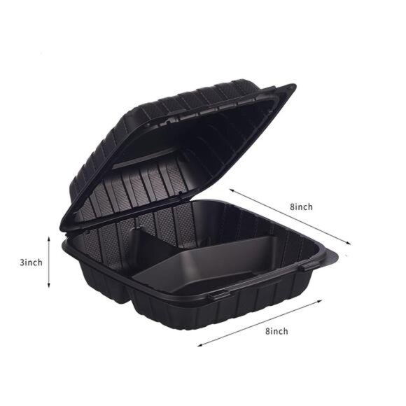 8X8" 3-Compartment 50-Pack Plastic Clamshell Takeout Food Trays Heavy Duty - Picture 2 of 7